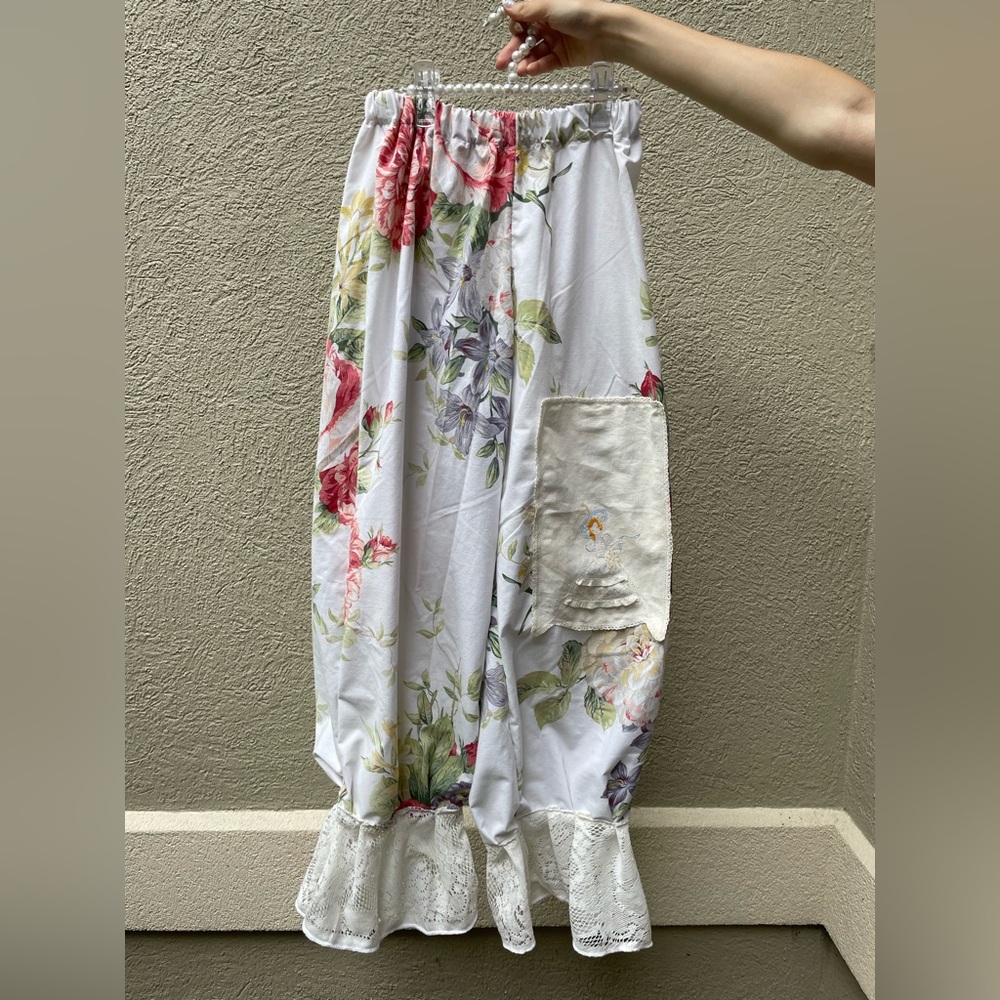 Cottagecore pantaloon style cotton floral pants with lace hem & Bo peep patch